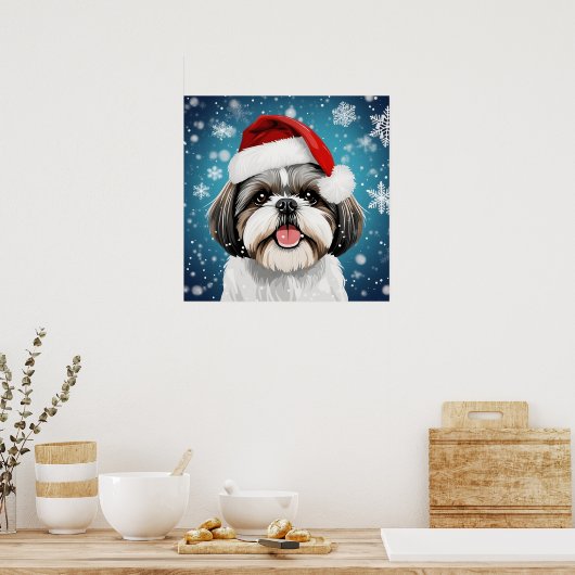 Poster Noël festif mignon Chih Tzu Chien avec chapeau de  (Cuisine)