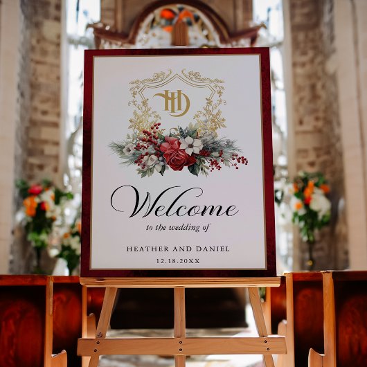 Poster Noël Floral Crest Monogramme Mariage Bienvenue