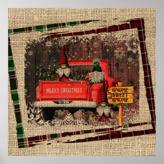 Poster Noël Gnome Sweet Gnome Camion Rouge Plaid Rustique (Devant)