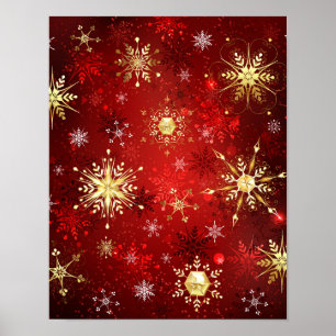 Poster Noël Golden Snowflakes sur Arrière - plan rouge
