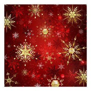 Poster Noël Golden Snowflakes sur Arrière - plan rouge