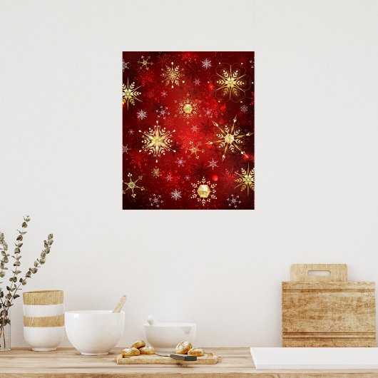Poster Noël Golden Snowflakes sur Arrière - plan rouge (Cuisine)