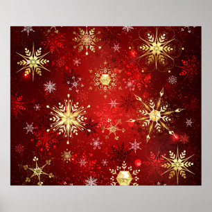 Poster Noël Golden Snowflakes sur Arrière - plan rouge