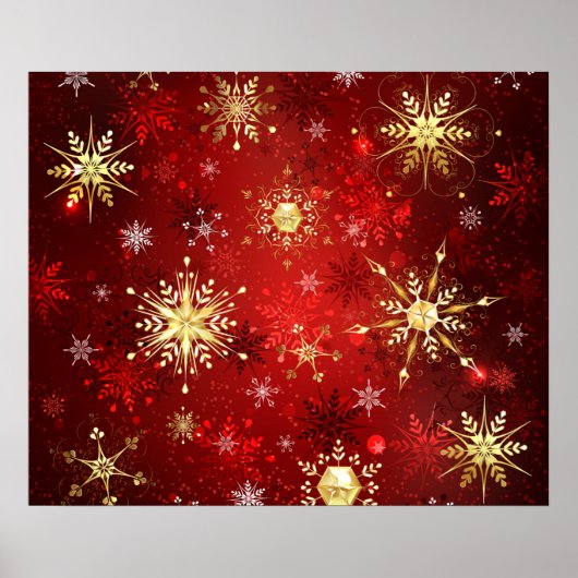 Poster Noël Golden Snowflakes sur Arrière - plan rouge (Devant)