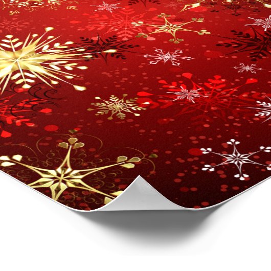 Poster Noël Golden Snowflakes sur Arrière - plan rouge (Coin)