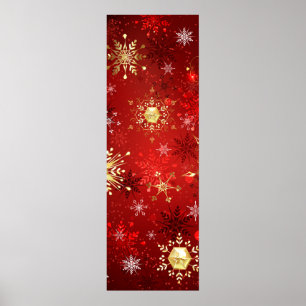 Poster Noël Golden Snowflakes sur Arrière - plan rouge