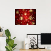 Poster Noël Golden Snowflakes sur Arrière - plan rouge (Bureau à domicile)