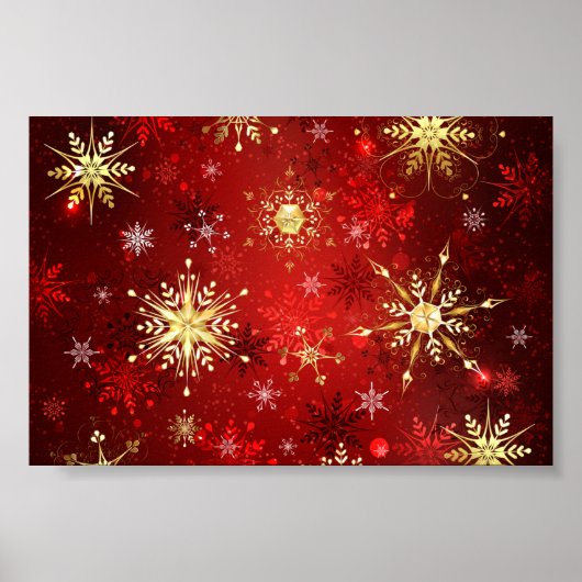 Poster Noël Golden Snowflakes sur Arrière - plan rouge (Devant)