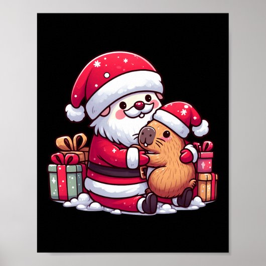Poster Noël Le Père Noël Accroche De Mignonnes Capybara A (Devant)