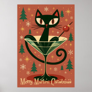 Poster Noël Martini Chat Noir de milieu de siècle