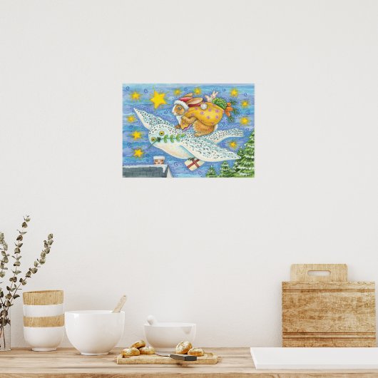 Poster Noël mignon avec lapin comme Père Noël sur Hibou (Cuisine)