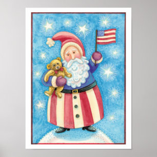 Poster Noël mignon, Père Noël patriotique avec drapeau