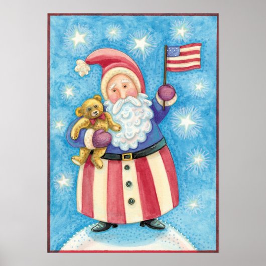 Poster Noël mignon, Père Noël patriotique avec drapeau (Devant)