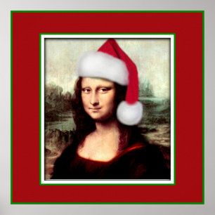 Poster Noël Mona Lisa avec chapeau de Santa