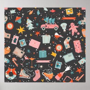 Poster Noël noir : motif vintage orné.