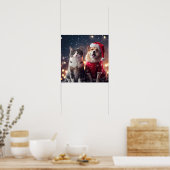Poster Noël Père Noël Chat & Chien amis (Cuisine)