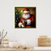 Poster Noël Père Noël et un chat 1 (Cuisine)