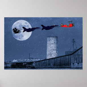 Poster Noël père Noël, Sleigh, F-16 Jets et Red Biplane