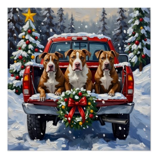 Poster Noël Pitbull Camion Rouge Fêtes (Devant)
