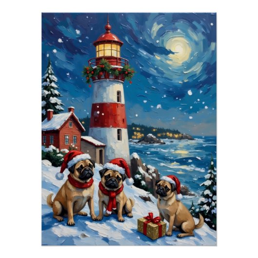 Poster Noël Pug Phare Vacances (Devant)