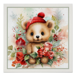 Poster Noël Teddy Ours Casquette Faux Mat Prêt à être enc