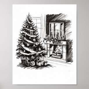 Poster Noël Tee - shirt Noël Croquis Pic Arbre Cadeaux