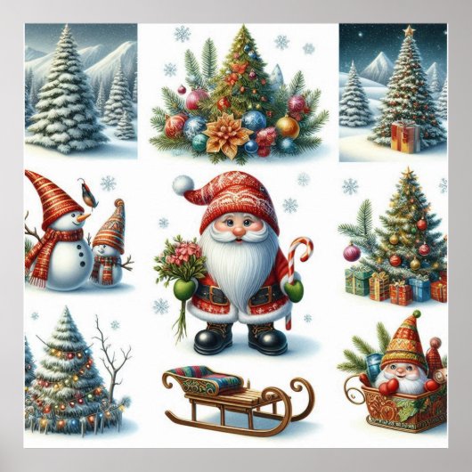 Poster Noël, Vacances, Père Noël, luge, Arbre de Noël (Devant)