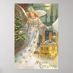 Poster Noël vintage, ange victorien avec arbre