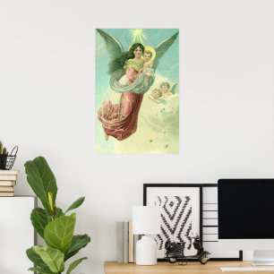 Poster Noël vintage, Ange victorien avec Bébé Jésus