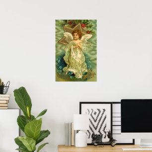 Poster Noël vintage, ange victorien avec des étoiles doré