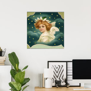 Poster Noël vintage, ange victorien avec des étoiles doré