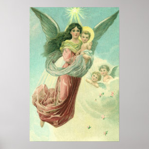 Poster Noël vintage, ange victorien avec l'enfant Jésus