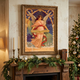 Poster Noël vintage, ange victorien lisant la Bible