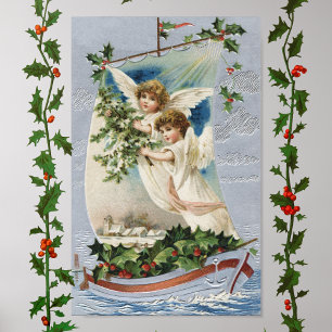 Poster Noël vintage, anges victoriens dans un voilier