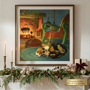 Poster Noël vintage, Animaux endormis près de la cheminée