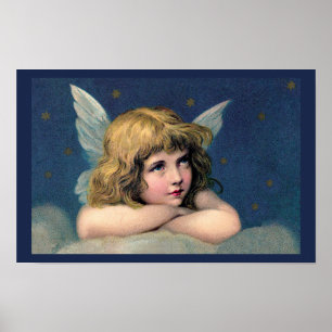 Poster Noël vintage, Bel Ange avec des Étoiles Dorées