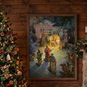 Poster Noël vintage de la Nativité avec les Mages en visi