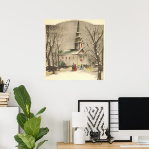 Poster Noël vintage, Eglise dans le paysage hivernal