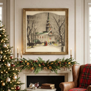 Poster Noël vintage, église dans un paysage enneigé d'hiv