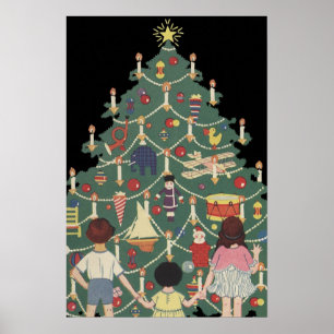 Poster Noël vintage Enfants autour d'un arbre décoré