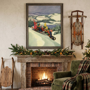 Poster Noël vintage, enfants faisant de la luge sur une m