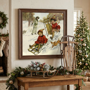 Poster Noël vintage, enfants victoriens faisant de la lug