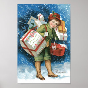 Poster Noël vintage, Fille avec cadeaux en neige hivernal