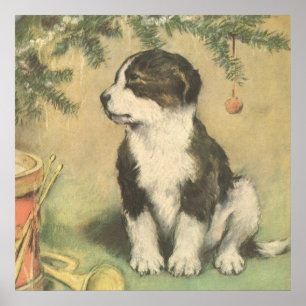 Poster Noël Vintage, Joli Chiot Sous Arbre De Noël