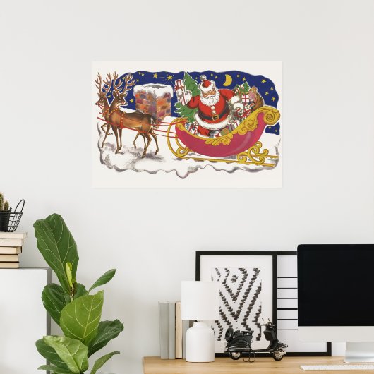 Poster Noël Vintage, Jolly Santa Claus avec Sleigh (Bureau à domicile)