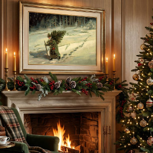 Poster Noël vintage, le Père Noël porte un arbre
