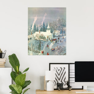Poster Noël vintage, Les gens vont à l'église en neige