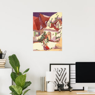 Poster Noël vintage, Maison de famille dans la neige