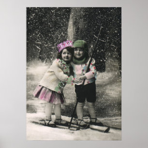 Poster Noël vintage, meilleurs amis sur skis