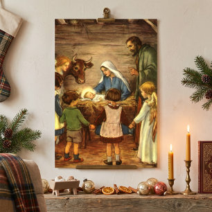 Poster Noël vintage, Nativité religieuse avec bébé Jésus